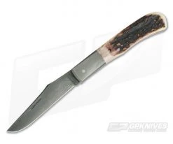 Chuck Hawes Custom Sambar Stag Trapper Burl Pattern Damascus Bolsters and Blade