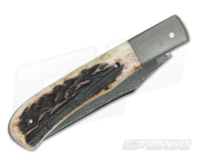 Chuck Hawes Custom Sambar Stag Trapper Burl Pattern Damascus Bolsters and Blade - Image 2