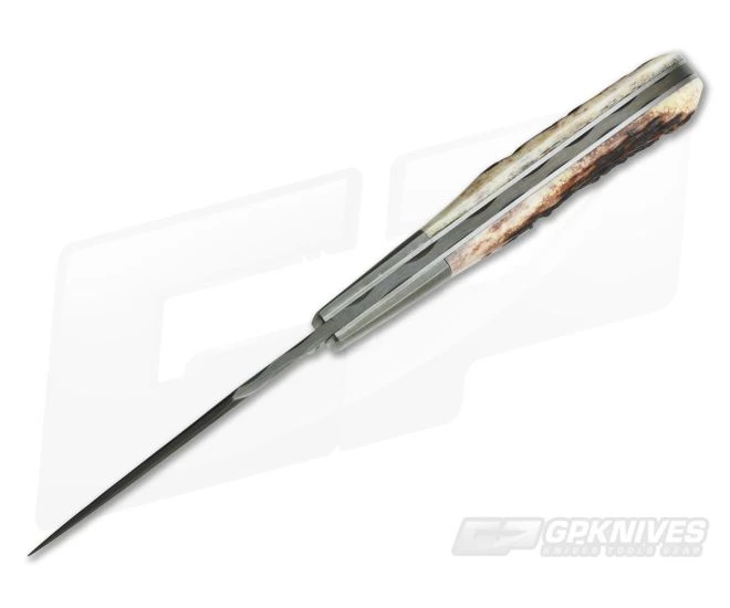 Chuck Hawes Custom Sambar Stag Trapper Burl Pattern Damascus Bolsters and Blade - Image 3